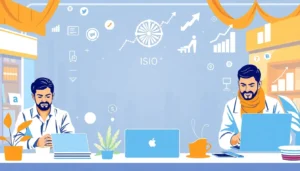 Two men working on laptops in a modern, stylized office setting. The background is light blue and filled with digital marketing icons like social media logos, growth charts, and a central gear symbol. The aesthetic is clean and professional, using a bright orange and blue color palette.